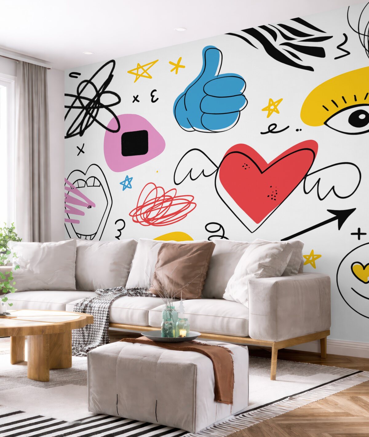 Fototapeta Znakami i symbolami taktycznymi są rysunki, zamieszanie, linie oraz kolory: niebieski, żółty, czerwony i różowy.