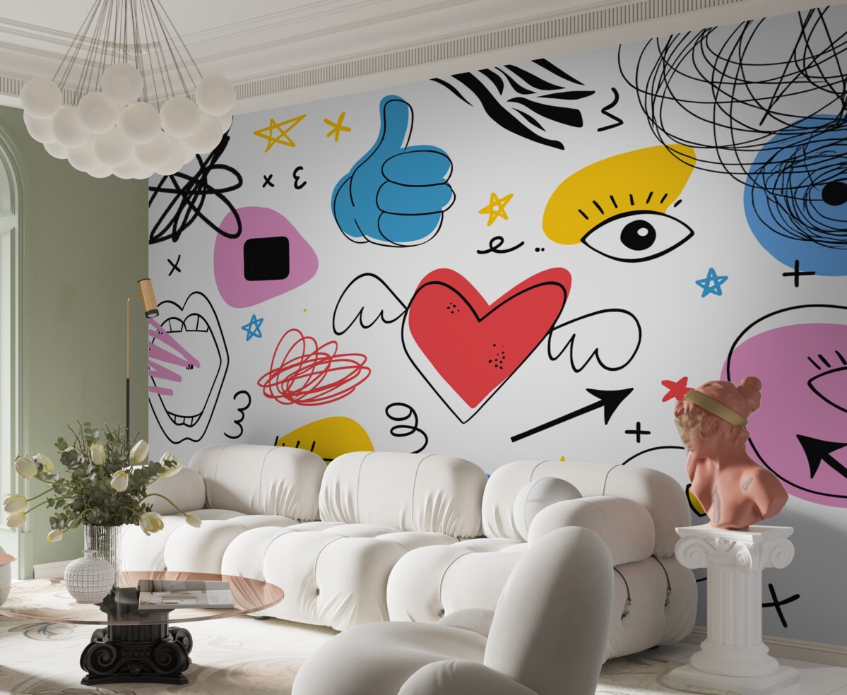 Fototapeta Znakami i symbolami taktycznymi są rysunki, zamieszanie, linie oraz kolory: niebieski, żółty, czerwony i różowy.