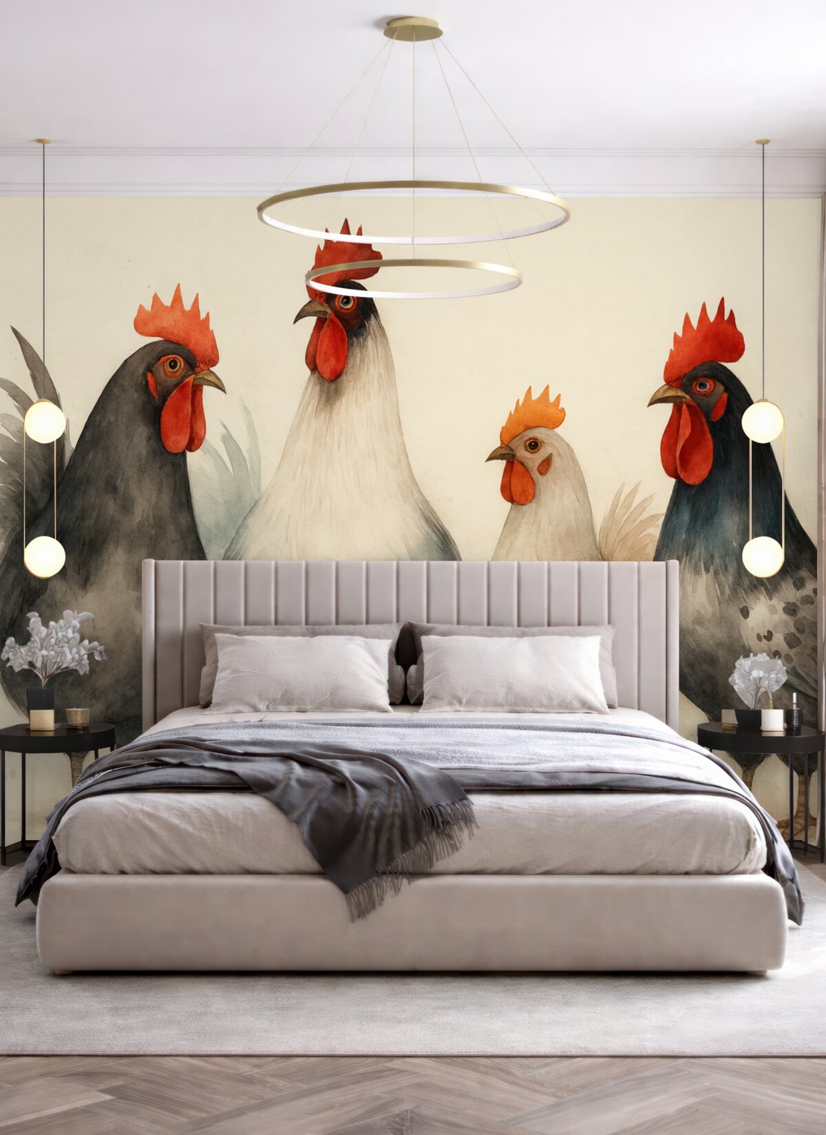 Fototapeta Kury i koguty w rozmytym stylu wilgotnej akwareli.