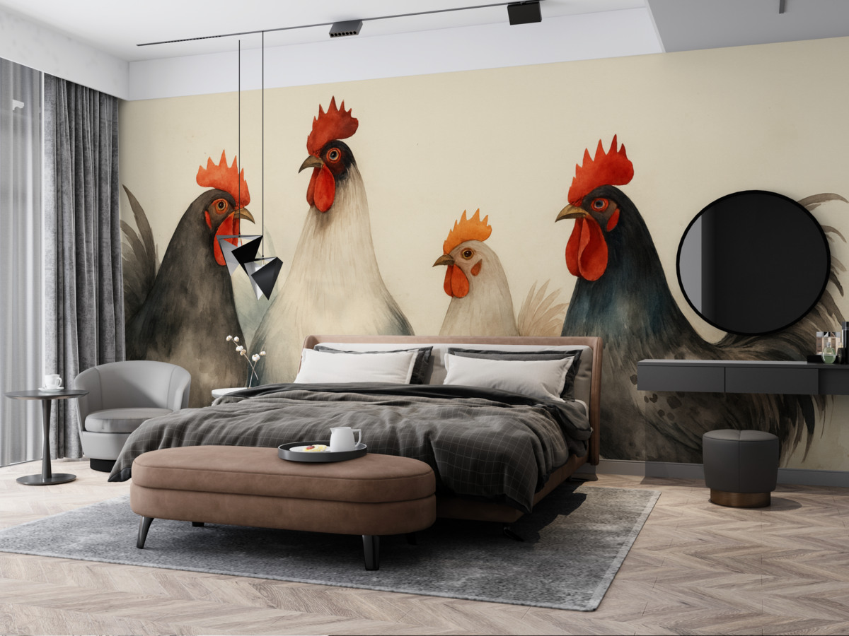 Fototapeta Kury i koguty w rozmytym stylu wilgotnej akwareli.