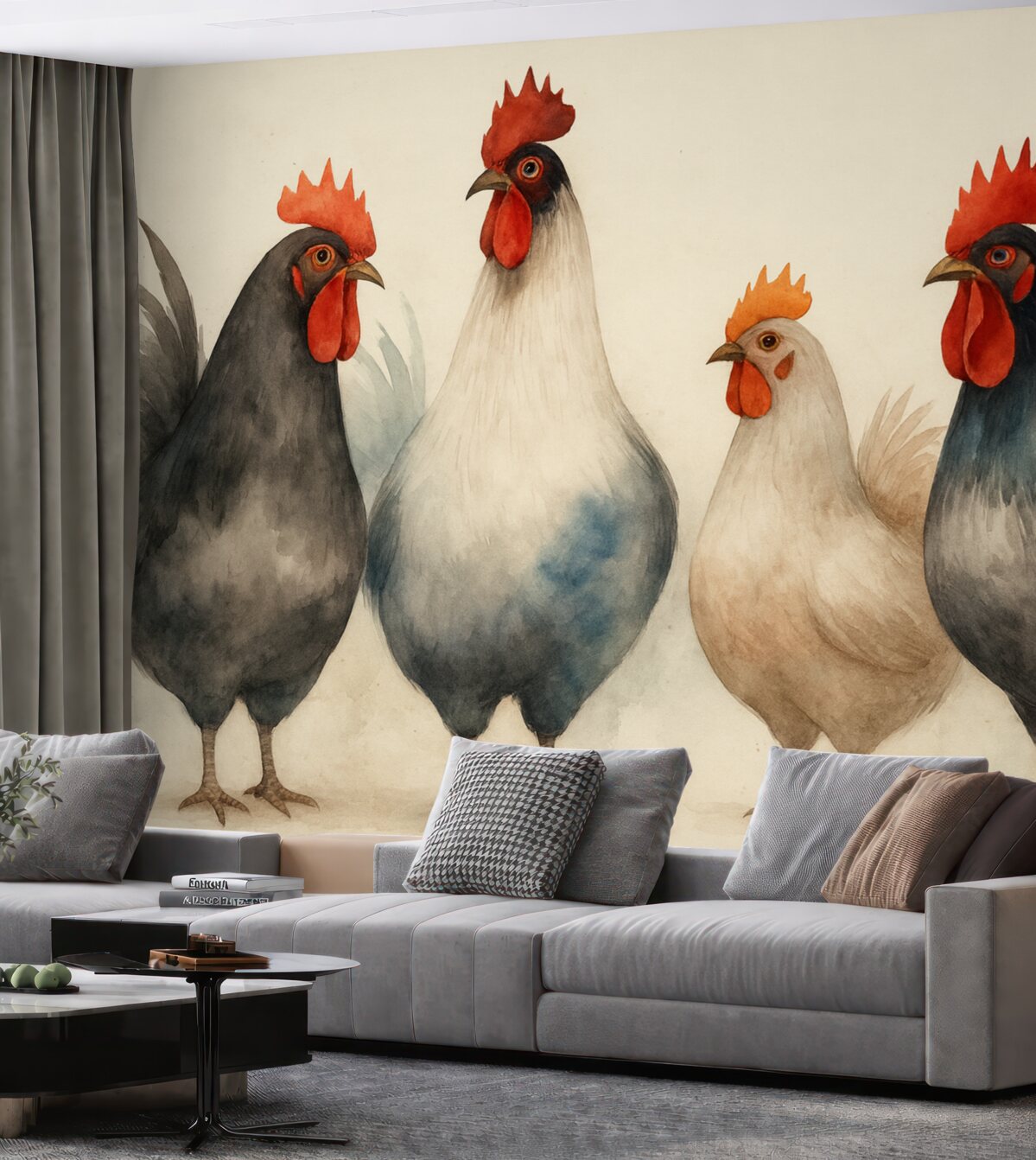 Fototapeta Kury i koguty w rozmytym stylu wilgotnej akwareli.