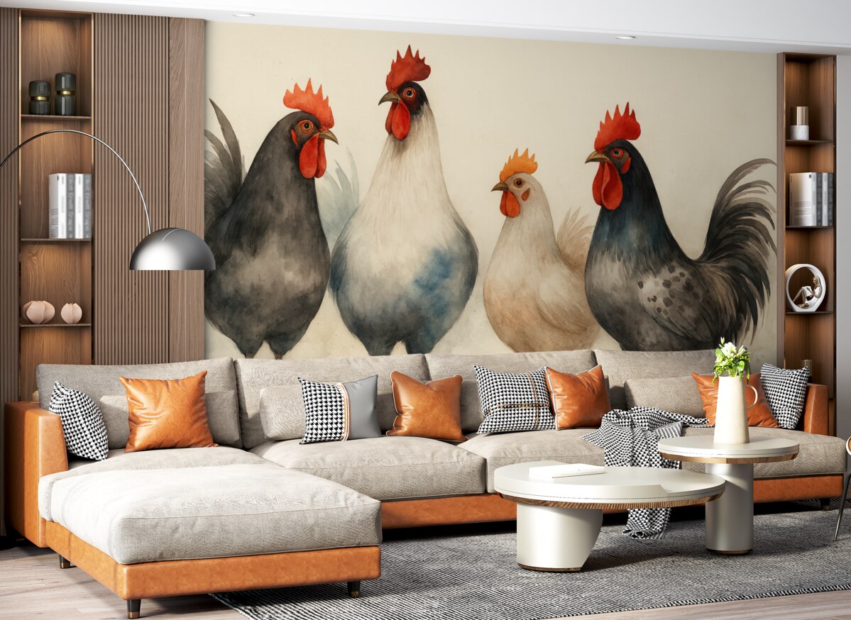 Fototapeta Kury i koguty w rozmytym stylu wilgotnej akwareli.