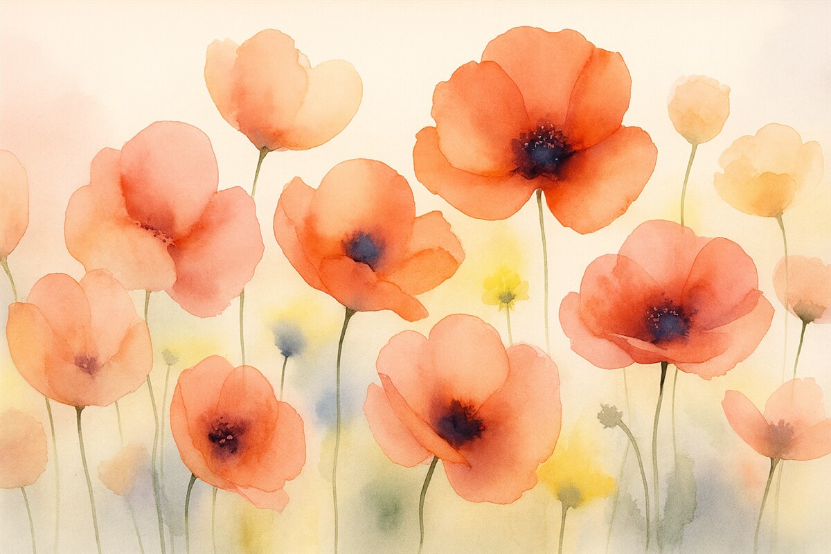 Fototapeta Czerwone różowe kwiaty zamazane wilgotne akwarele w stylu.