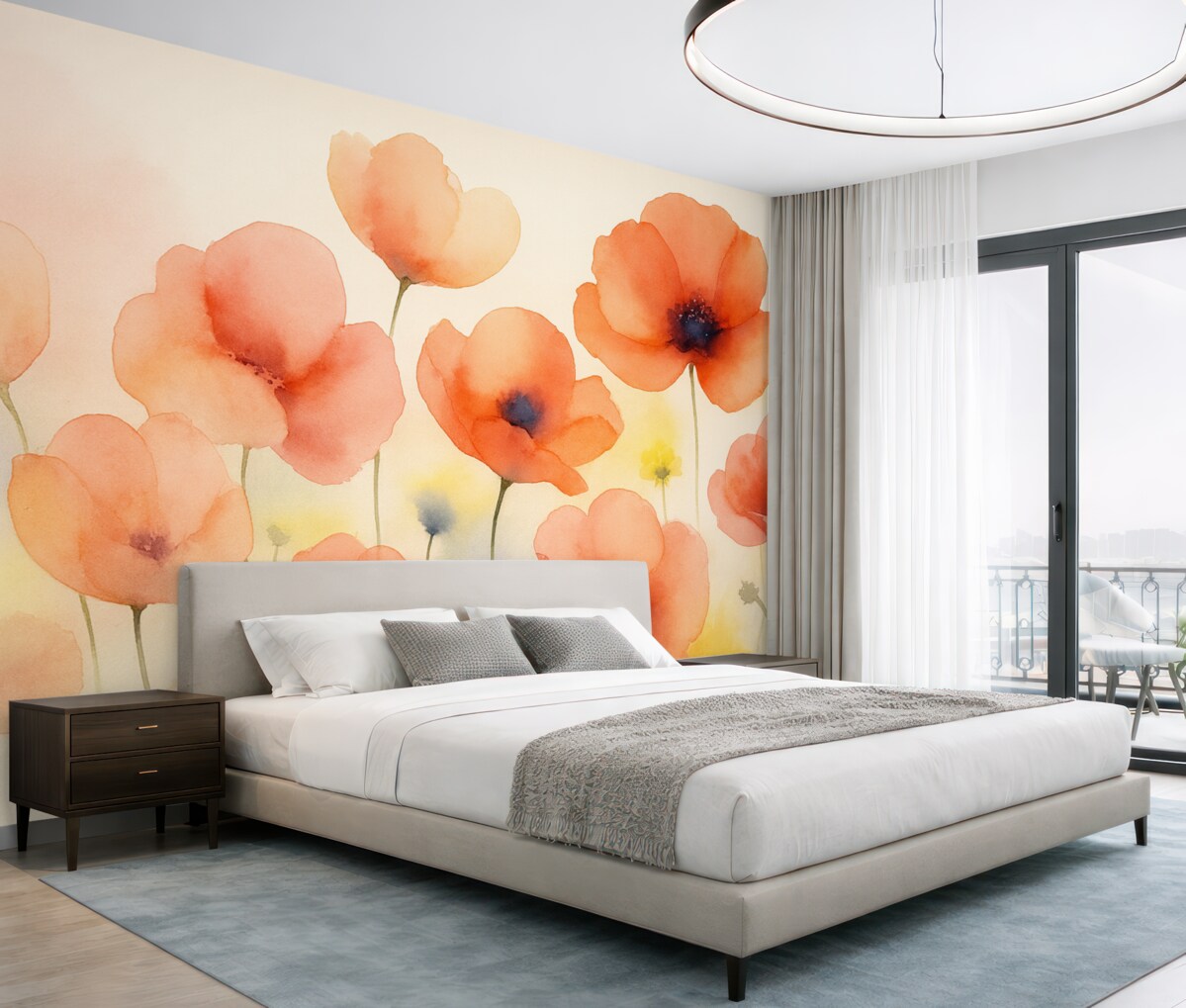 Fototapeta Czerwone różowe kwiaty zamazane wilgotne akwarele w stylu.