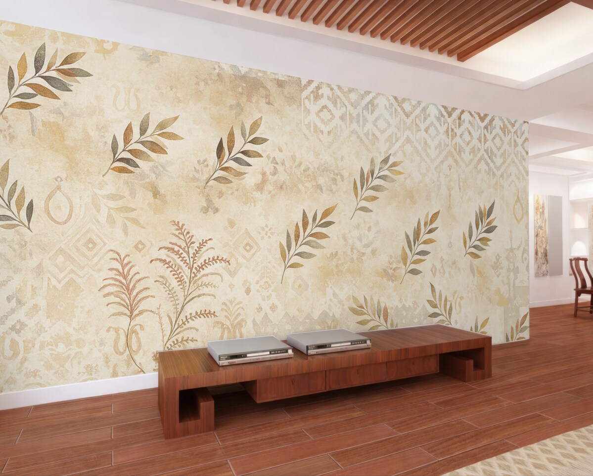 Fototapeta Tapeta w stylu vintage z motywami, elementami przetarć, plam i liści, w odcieniach beżu.