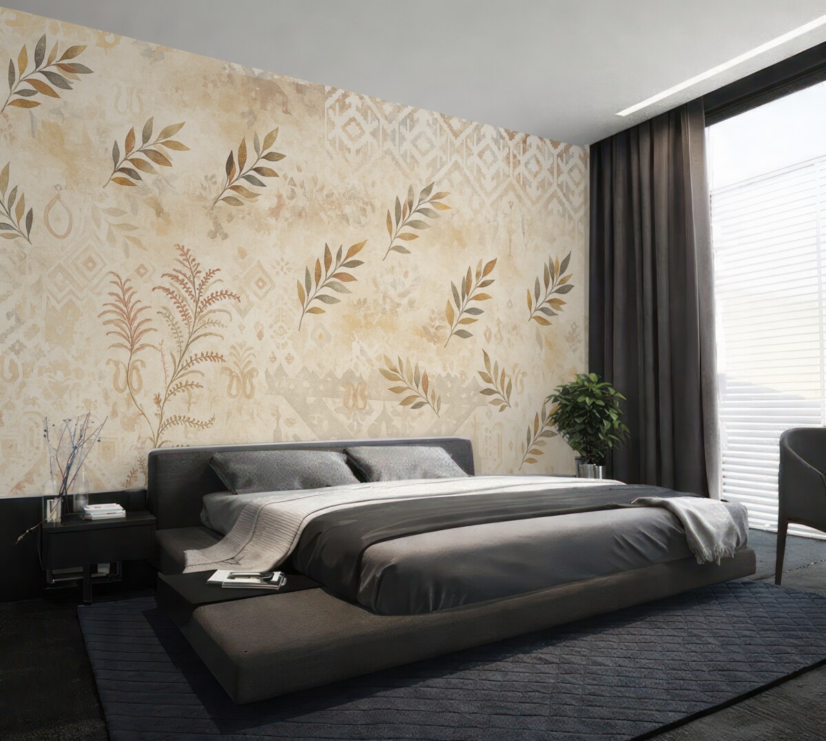 Fototapeta Tapeta w stylu vintage z motywami, elementami przetarć, plam i liści, w odcieniach beżu.