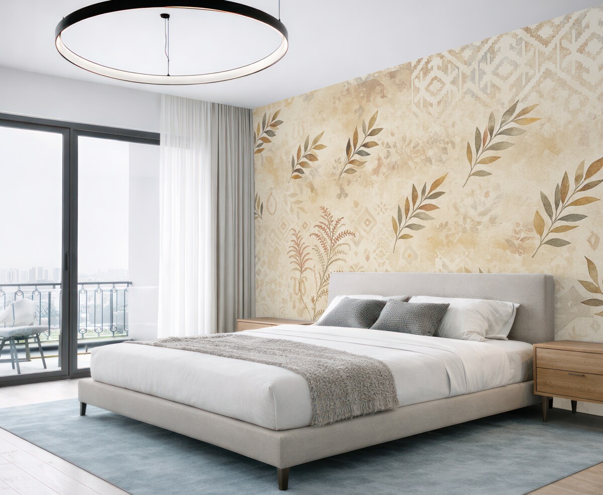 Fototapeta Tapeta w stylu vintage z motywami, elementami przetarć, plam i liści, w odcieniach beżu.