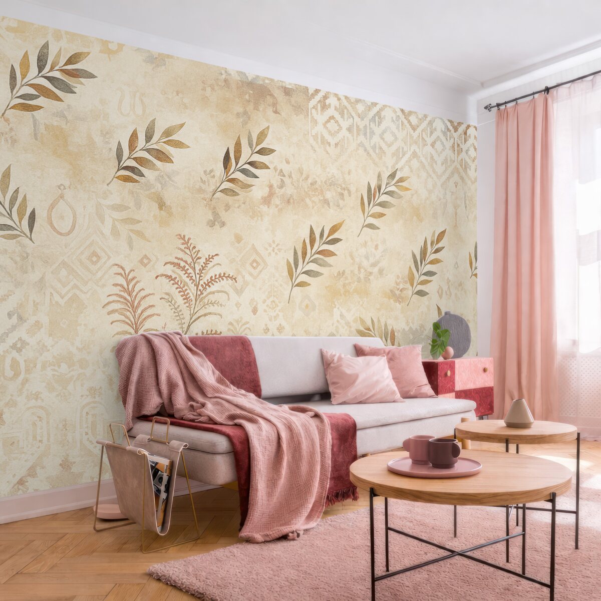 Fototapeta Tapeta w stylu vintage z motywami, elementami przetarć, plam i liści, w odcieniach beżu.