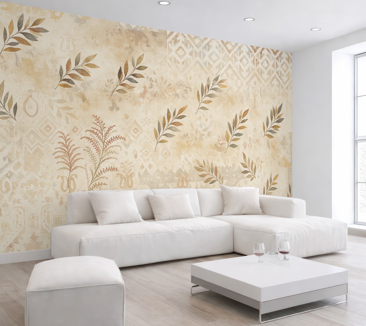 Fototapeta Tapeta w stylu vintage z motywami, elementami przetarć, plam i liści, w odcieniach beżu.