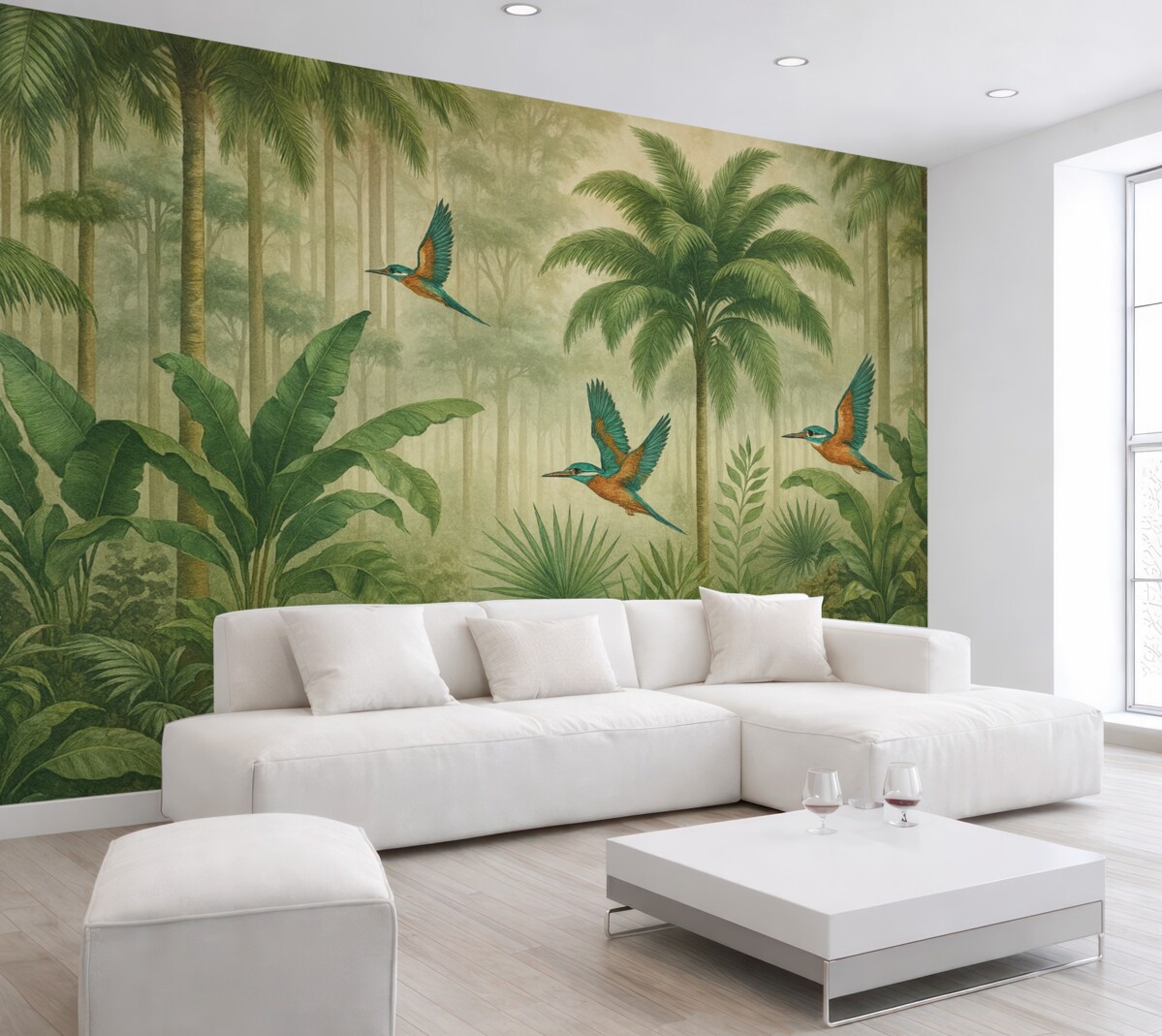 Fototapeta Widok na tropikalny krajobraz z ptakami.