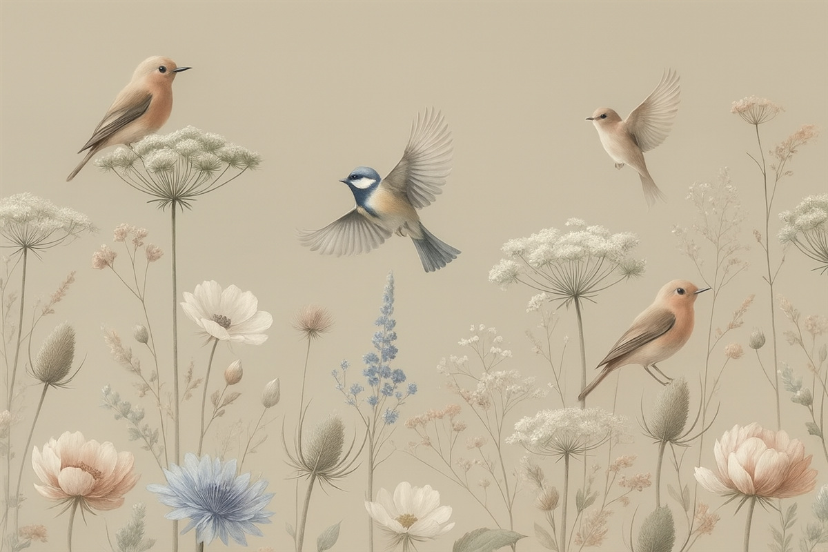 Fototapeta Subtelne wiejskie kwiaty z ptakami na jasnobrązowym tle.