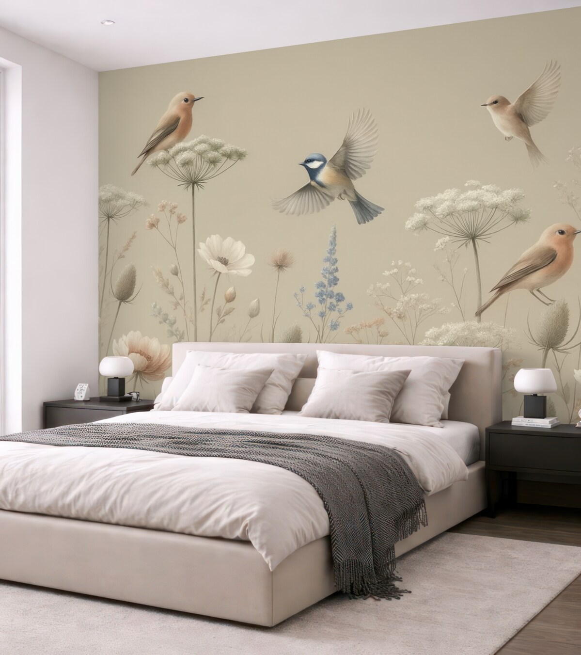 Fototapeta Subtelne wiejskie kwiaty z ptakami na jasnobrązowym tle.