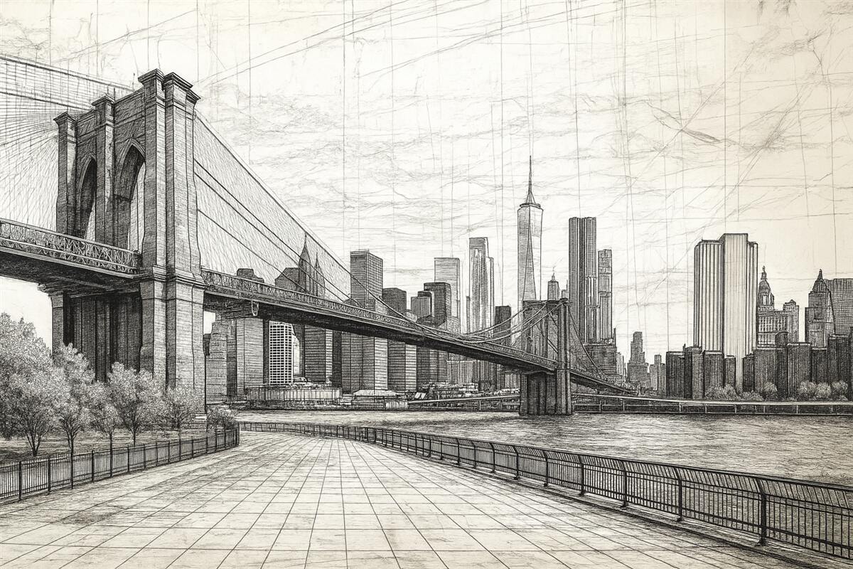 Fototapeta Panorama Mostu Brooklyńskiego stworzona w szkicowym stylu retro, z liniami i rysami.