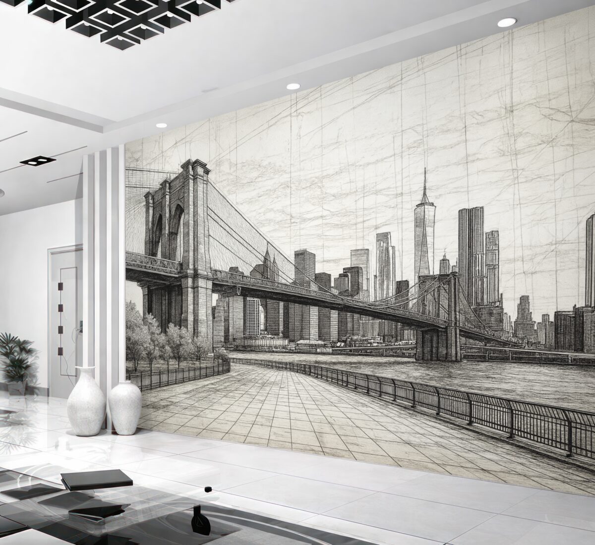 Fototapeta Panorama Mostu Brooklyńskiego stworzona w szkicowym stylu retro, z liniami i rysami.