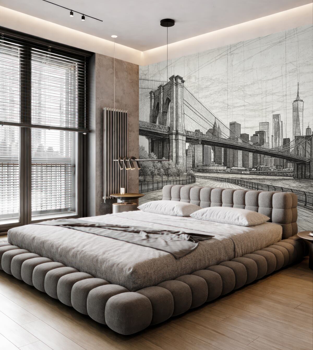 Fototapeta Panorama Mostu Brooklyńskiego stworzona w szkicowym stylu retro, z liniami i rysami.