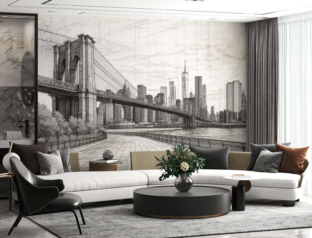 Fototapeta Panorama Mostu Brooklyńskiego stworzona w szkicowym stylu retro, z liniami i rysami.