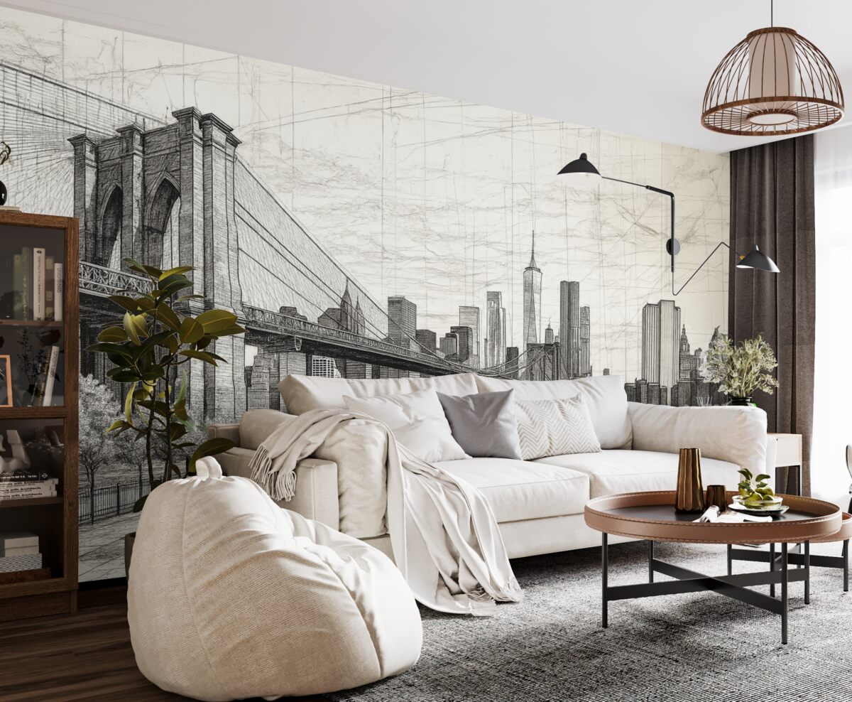 Fototapeta Panorama Mostu Brooklyńskiego stworzona w szkicowym stylu retro, z liniami i rysami.