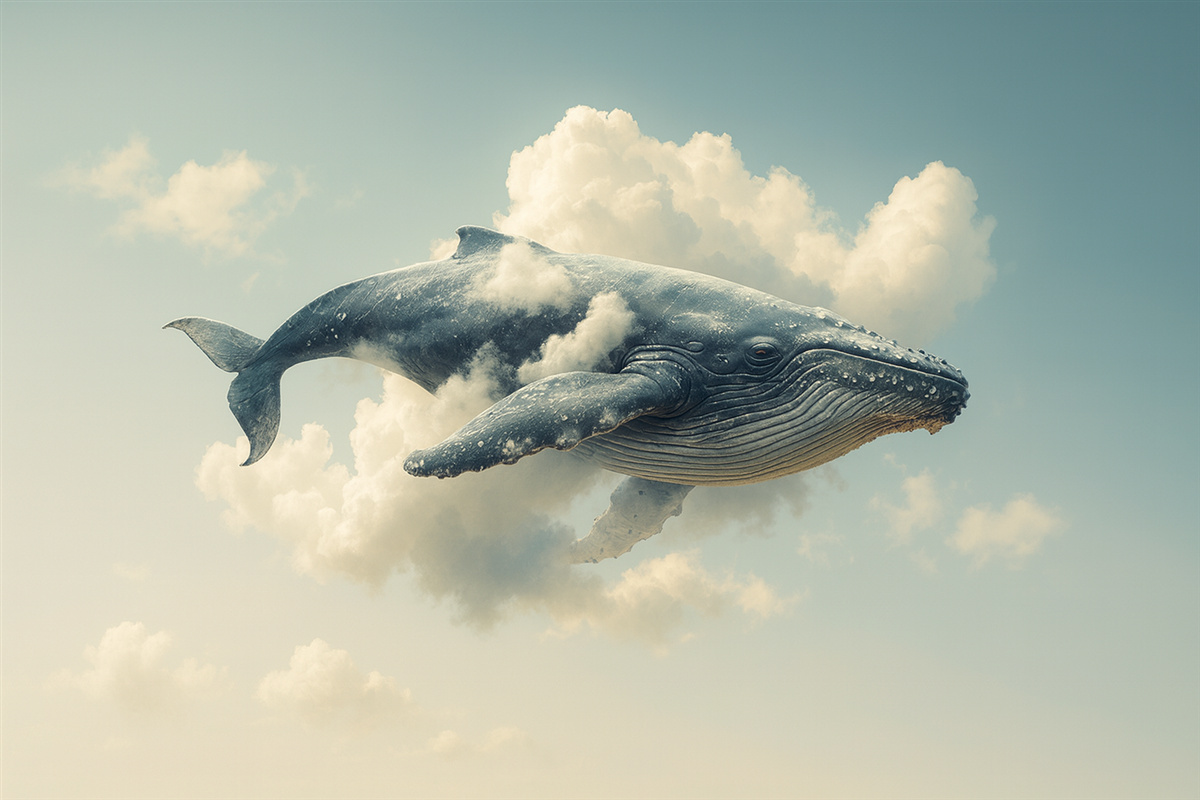 Fototapeta Wielki, fantastyczny wieloryb wpływający przez obłoki na tle błękitnego nieba.