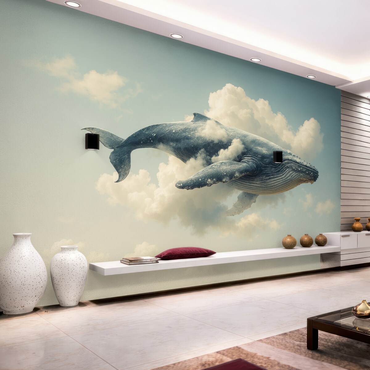 Fototapeta Wielki, fantastyczny wieloryb wpływający przez obłoki na tle błękitnego nieba.