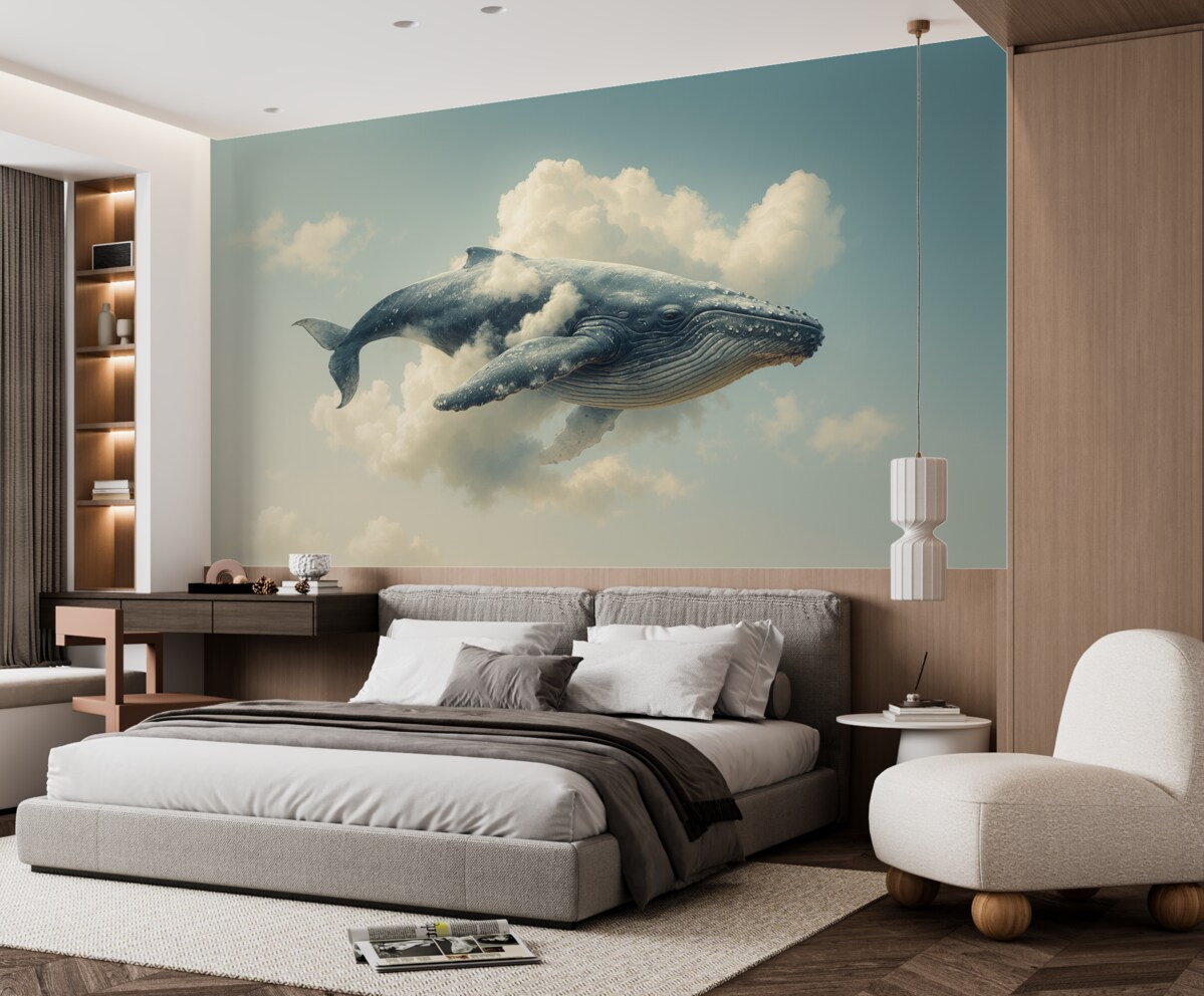 Fototapeta Wielki, fantastyczny wieloryb wpływający przez obłoki na tle błękitnego nieba.