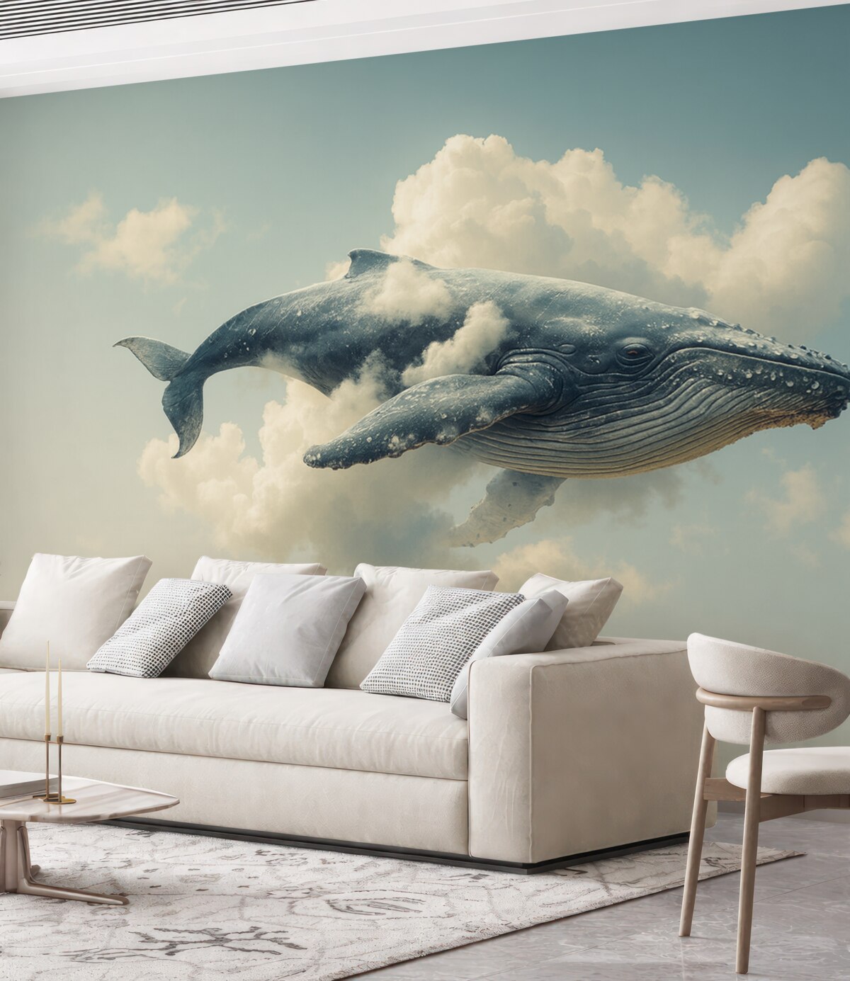 Fototapeta Wielki, fantastyczny wieloryb wpływający przez obłoki na tle błękitnego nieba.