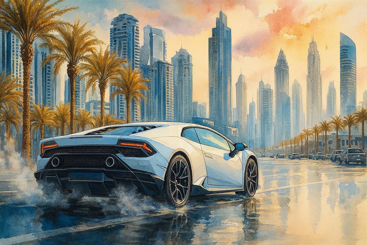 Fototapeta Biały, współczesny samochód sportowy rywalizujący na tle palm i wieżowców w luźnej technice akwareli.