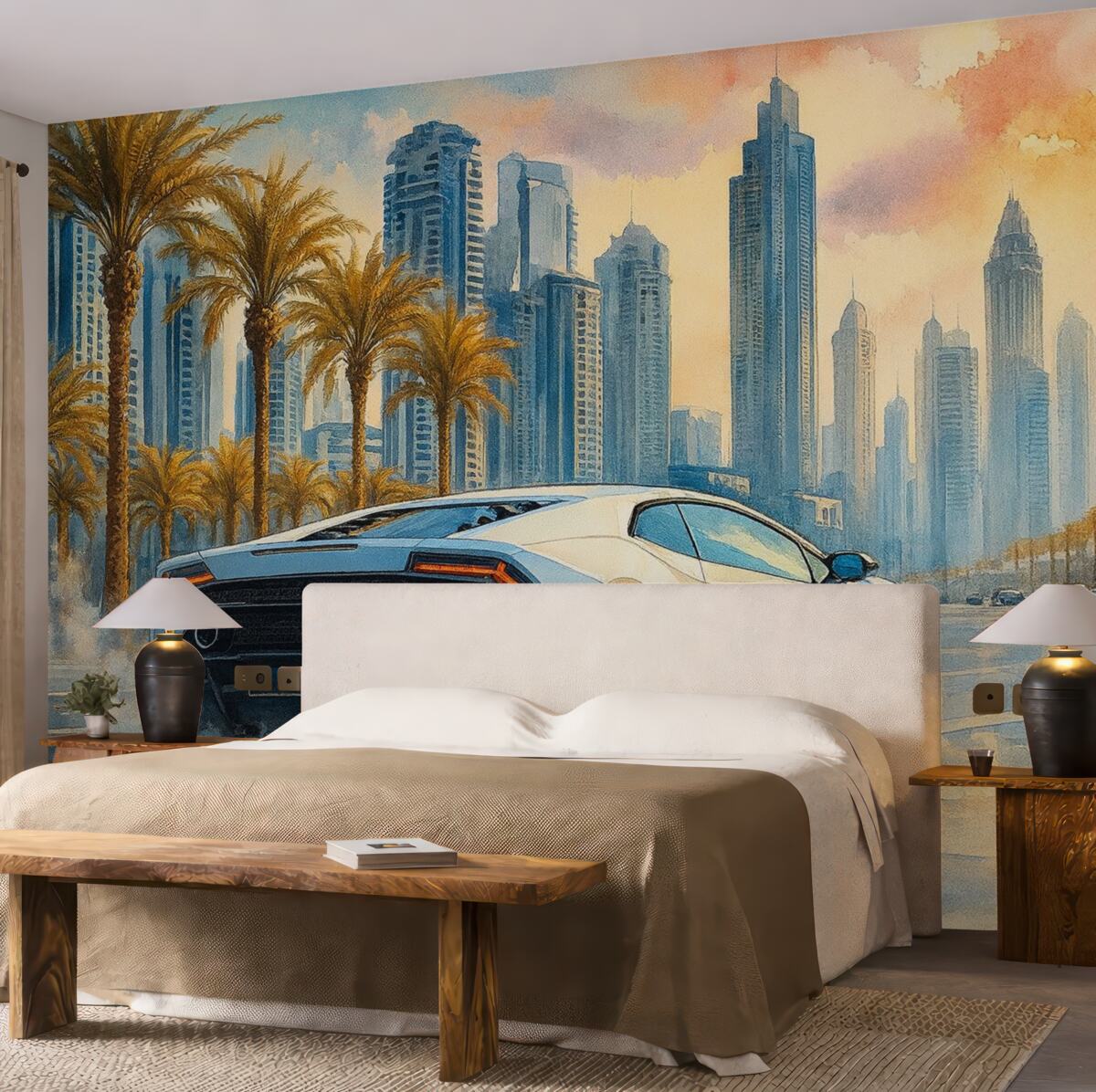 Fototapeta Biały, współczesny samochód sportowy rywalizujący na tle palm i wieżowców w luźnej technice akwareli.