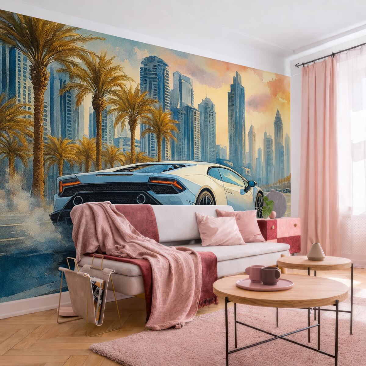 Fototapeta Biały, współczesny samochód sportowy rywalizujący na tle palm i wieżowców w luźnej technice akwareli.