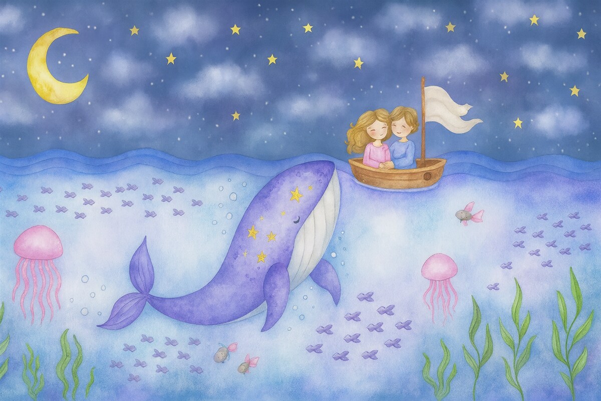 Fototapeta Wieloryb w oceanie i dzieci w łódce w stylu akwareli.