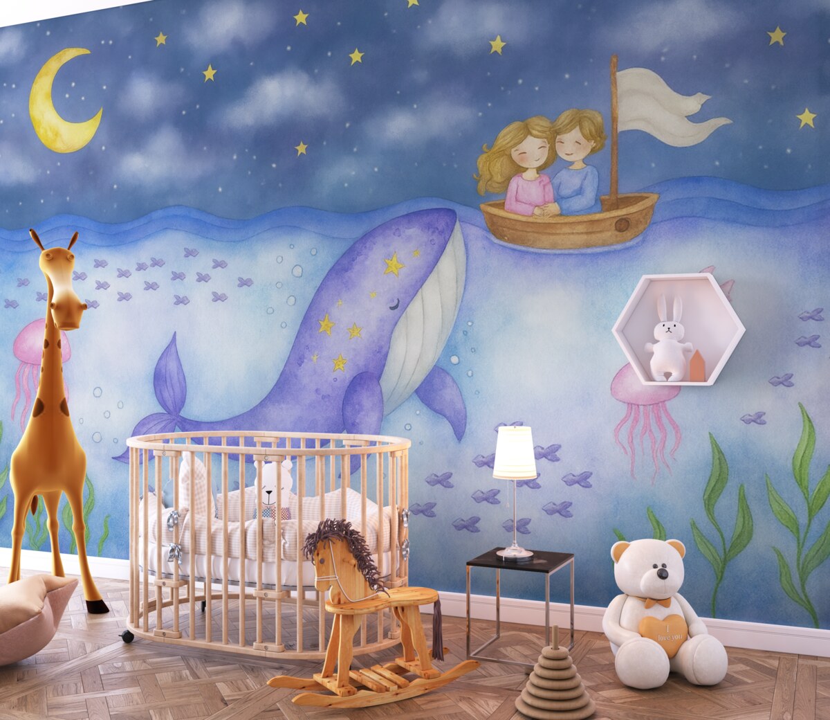 Fototapeta Wieloryb w oceanie i dzieci w łódce w stylu akwareli.