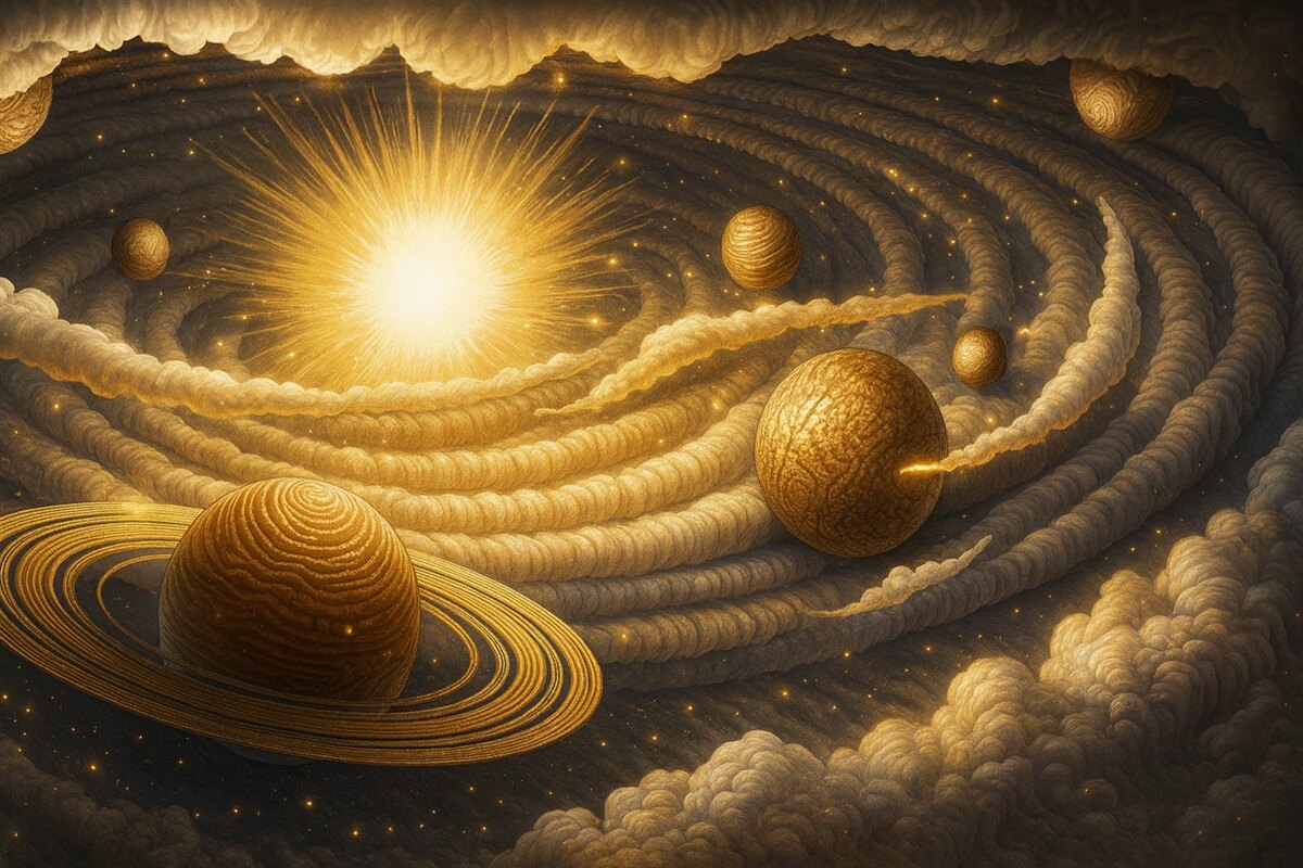 Fototapeta Kosmiczna galaktyka z ciałami niebieskimi i słońcem.