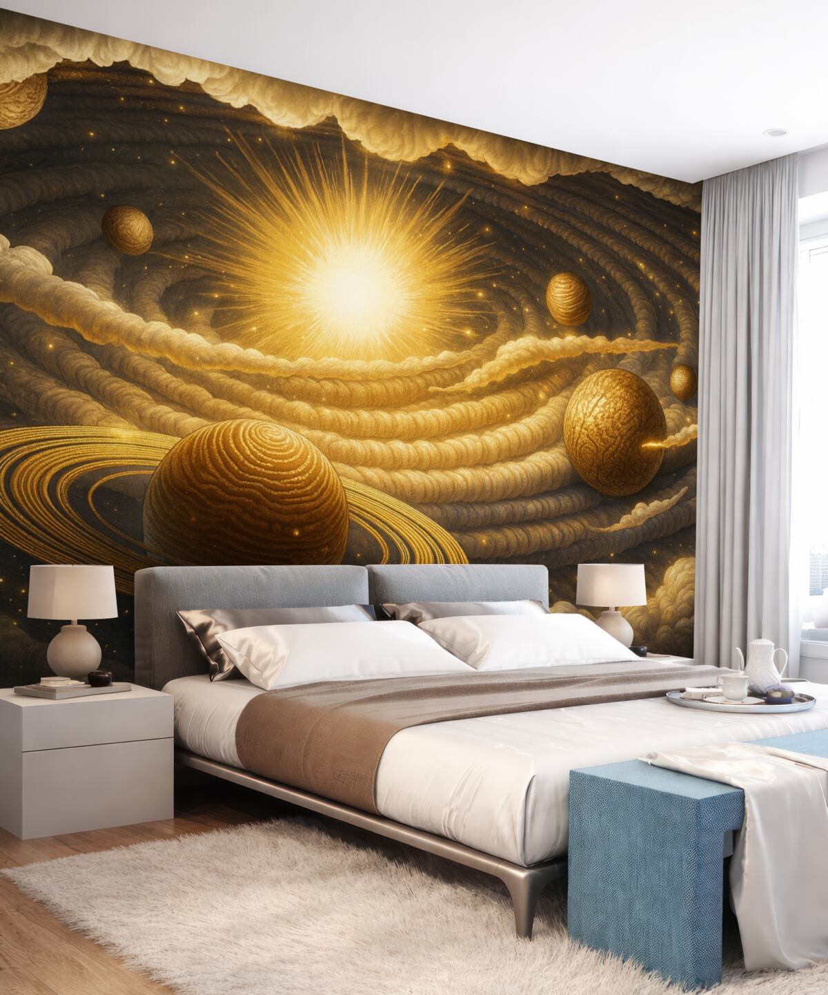 Fototapeta Kosmiczna galaktyka z ciałami niebieskimi i słońcem.