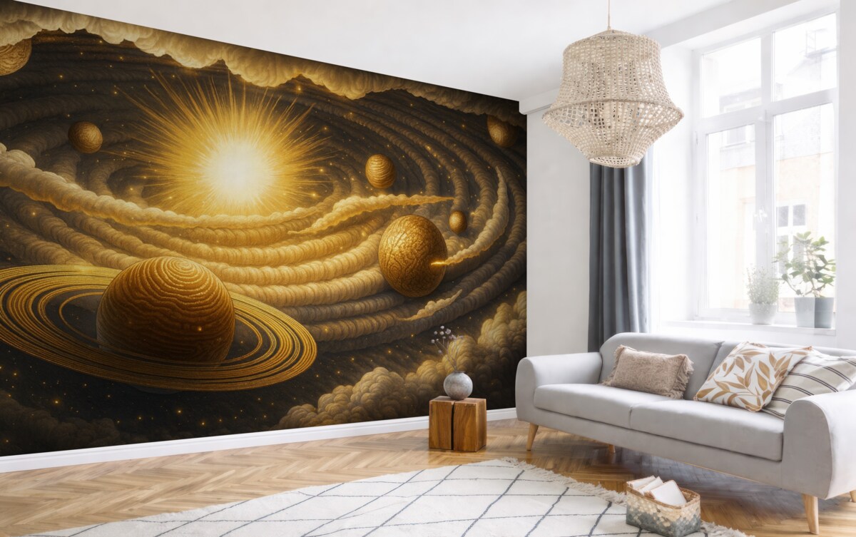 Fototapeta Kosmiczna galaktyka z ciałami niebieskimi i słońcem.