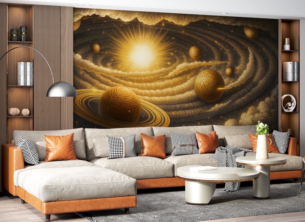 Fototapeta Kosmiczna galaktyka z ciałami niebieskimi i słońcem.