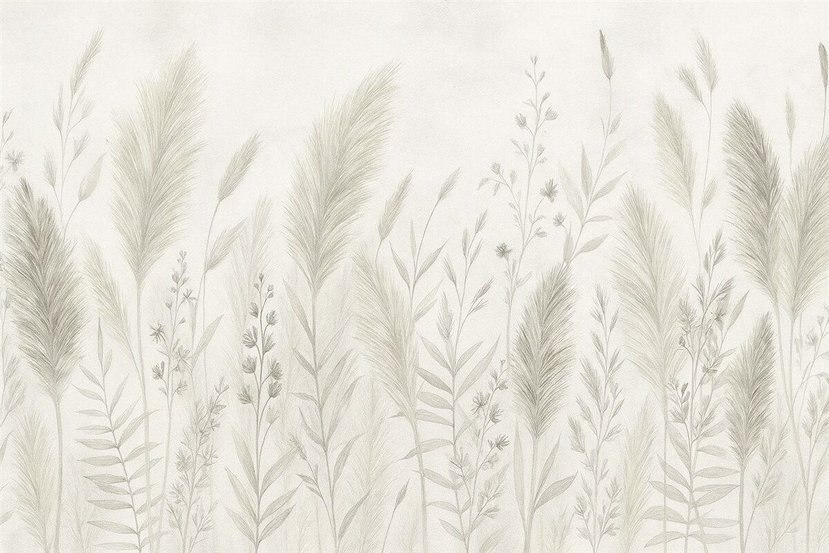 Fototapeta Wysokie łąkowe trawy oraz kwiaty w stonowanych odcieniach.