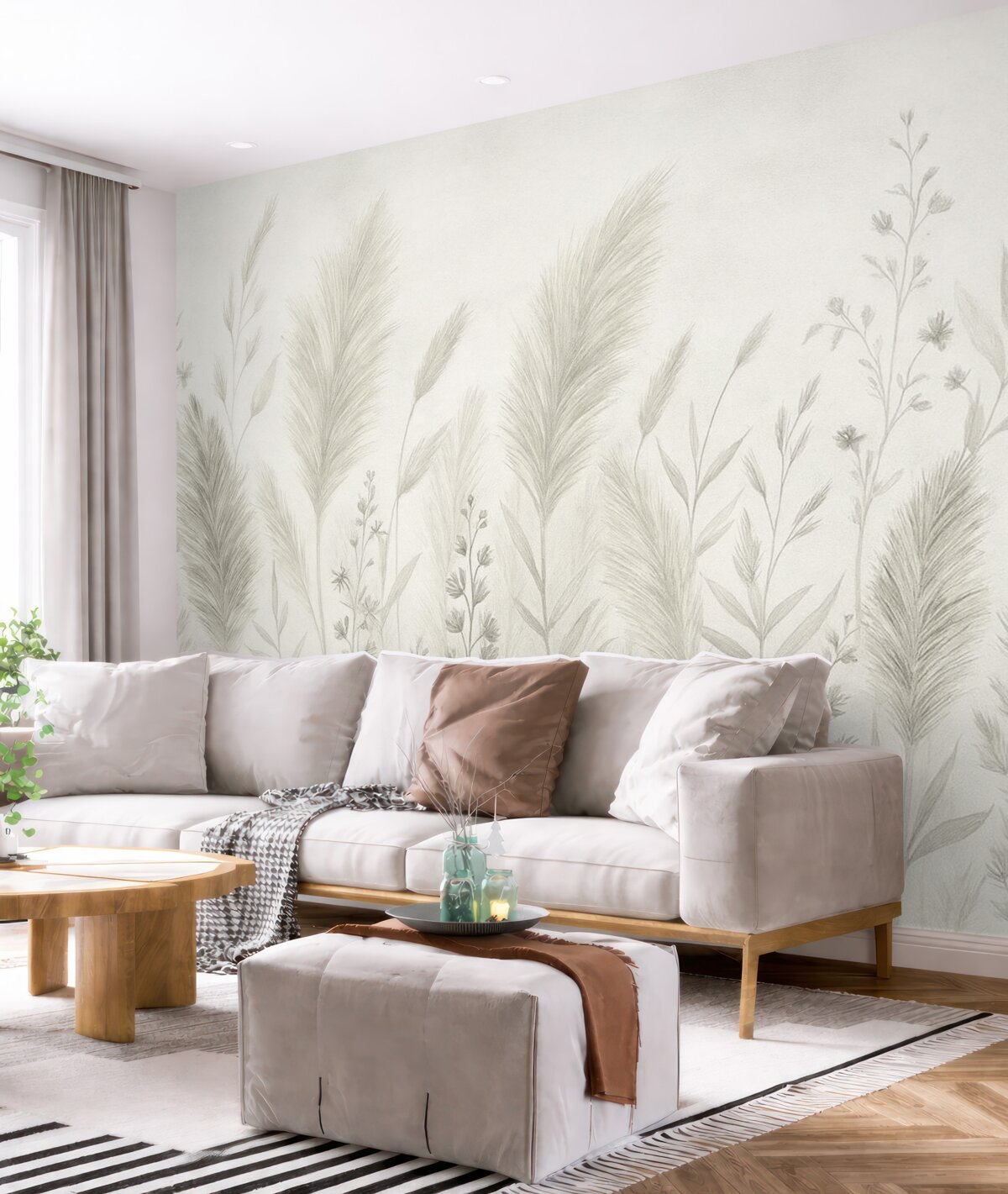 Fototapeta Wysokie łąkowe trawy oraz kwiaty w stonowanych odcieniach.