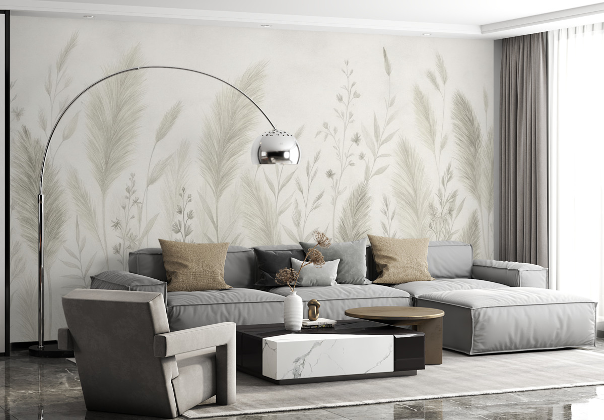 Fototapeta Wysokie łąkowe trawy oraz kwiaty w stonowanych odcieniach.