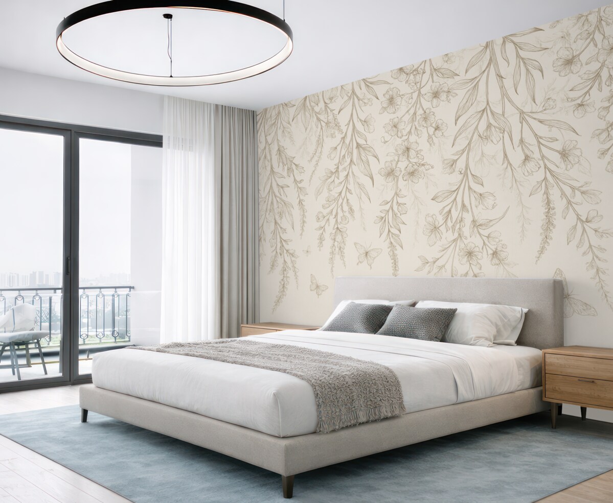 Fototapeta Cienkie, pionowe kwiaty opadające z góry.