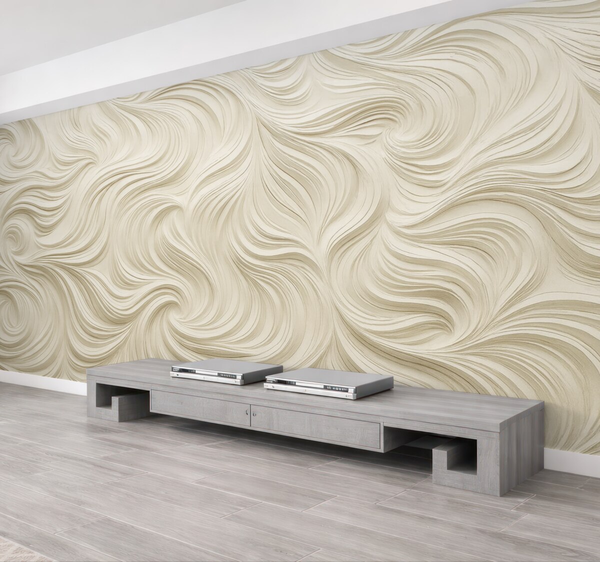 Fototapeta Wolumetryczny motyw na ścianie w jasnych odcieniach.