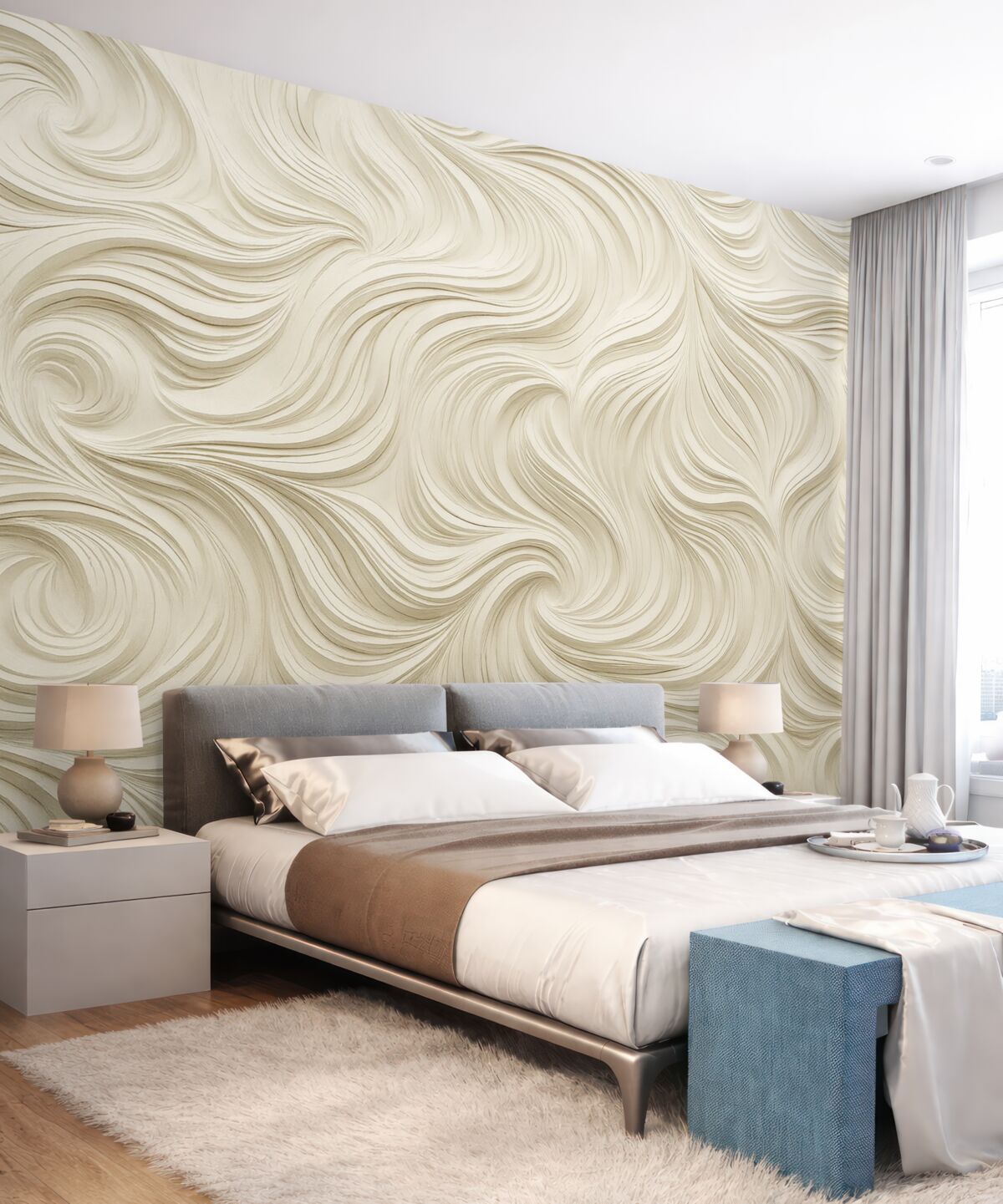 Fototapeta Wolumetryczny motyw na ścianie w jasnych odcieniach.