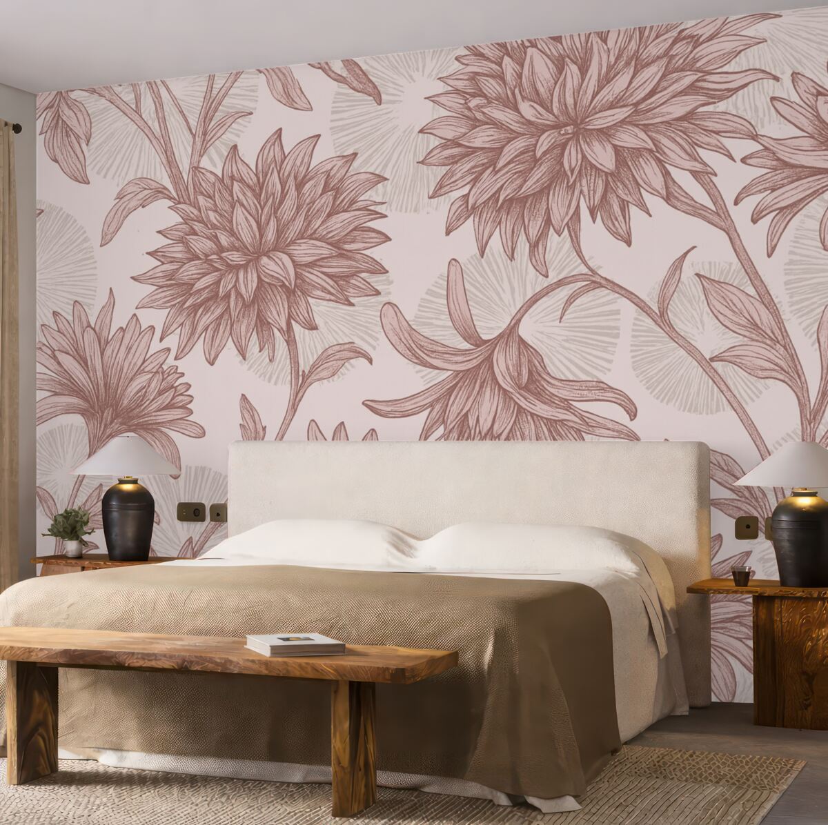 Fototapeta wielkie różowe płatki i szare okręgi