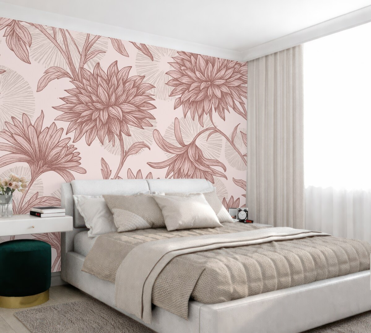 Fototapeta wielkie różowe płatki i szare okręgi