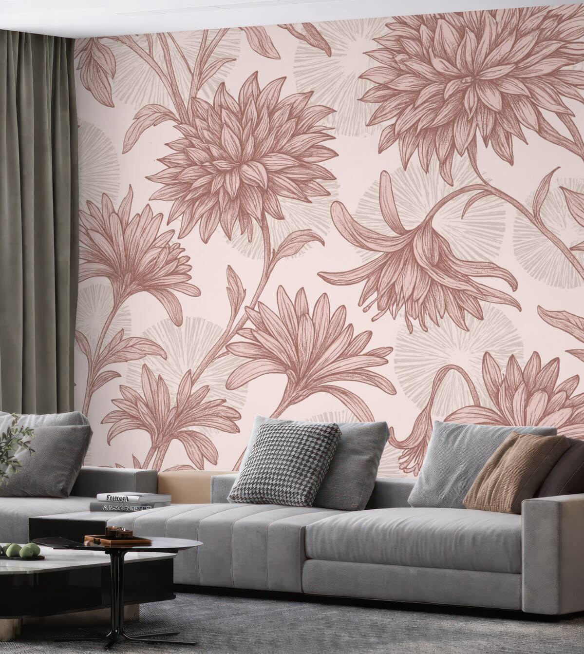 Fototapeta wielkie różowe płatki i szare okręgi