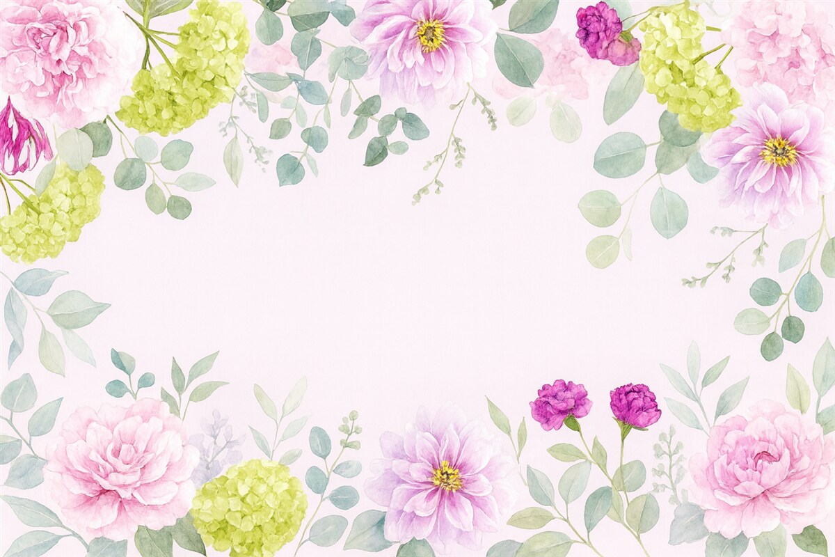 Fototapeta Różowe kwiaty na zielonych liściach u góry.