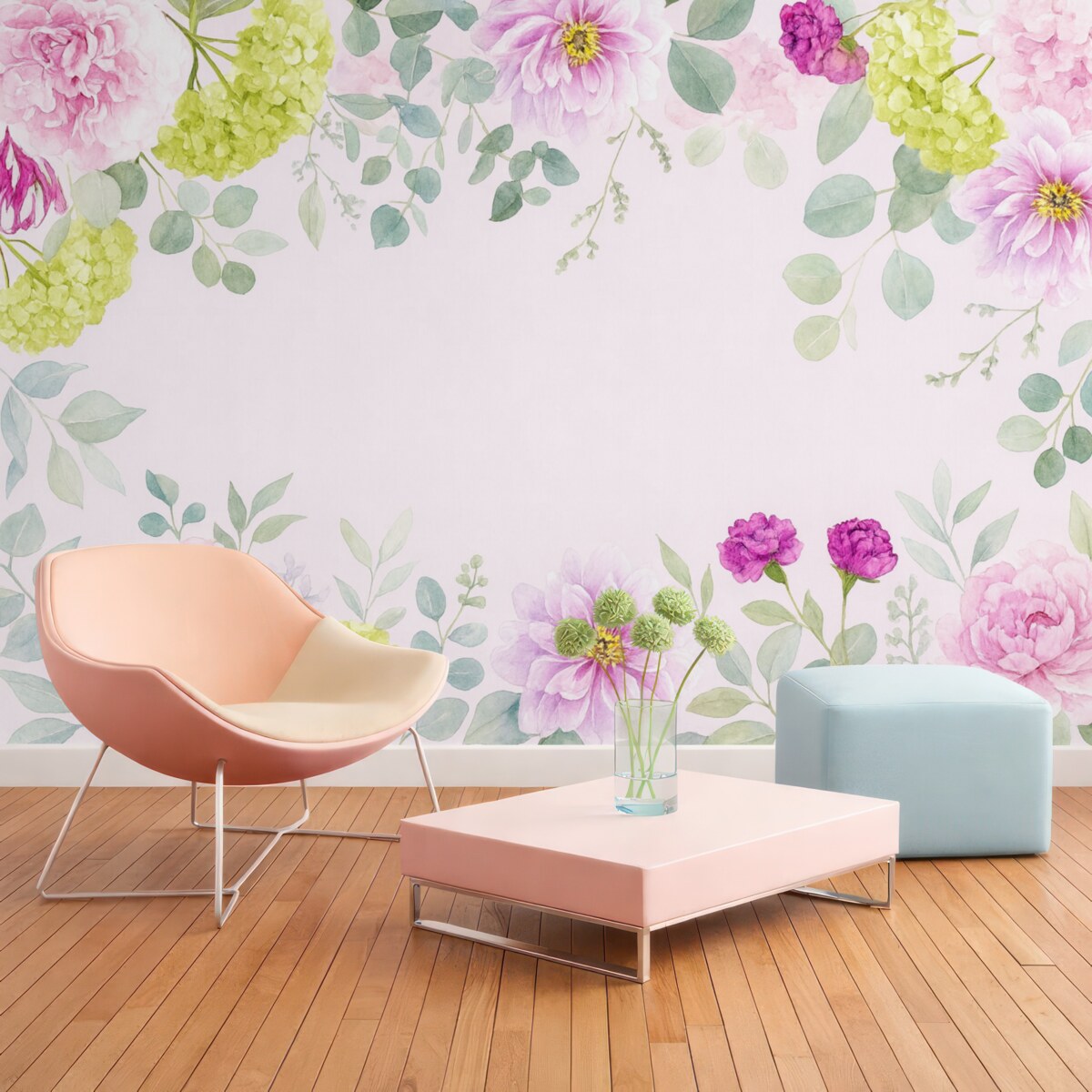 Fototapeta Różowe kwiaty na zielonych liściach u góry.