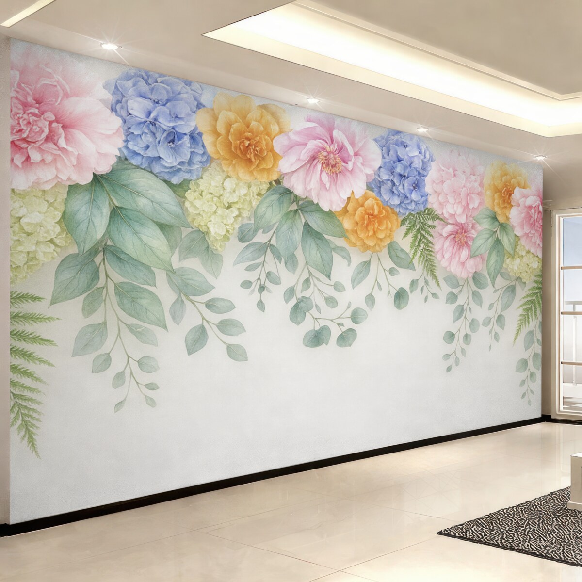 Fototapeta W górnej części znajdują się jasne, kolorowe, duże kwiaty.