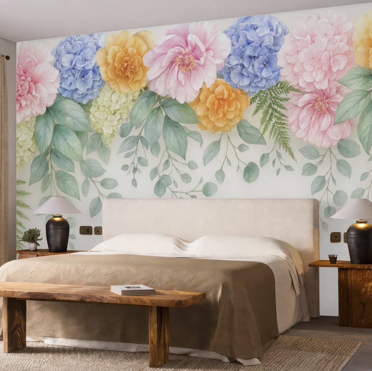 Fototapeta W górnej części znajdują się jasne, kolorowe, duże kwiaty.