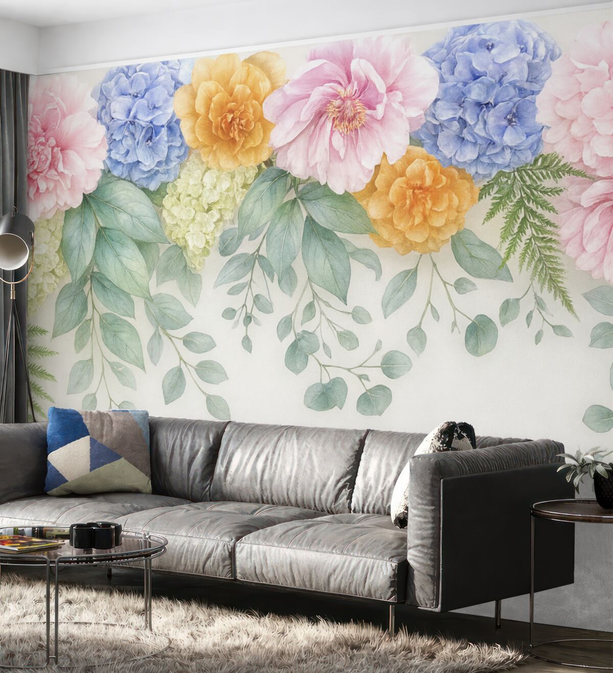 Fototapeta W górnej części znajdują się jasne, kolorowe, duże kwiaty.