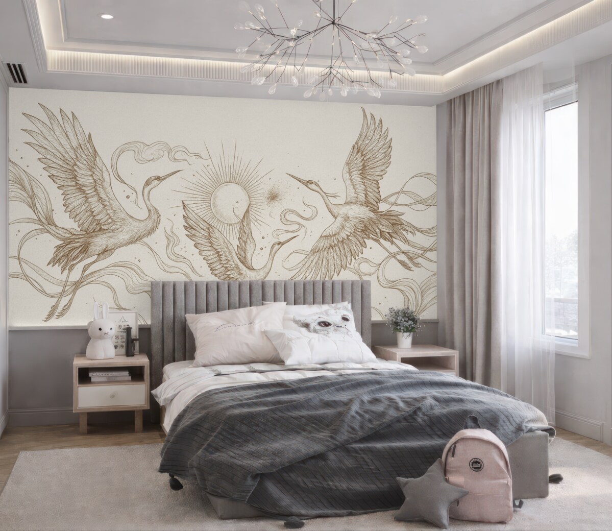 Fototapeta Ptaki w locie, rysunek konturowy, prostota, beżowa gama barw