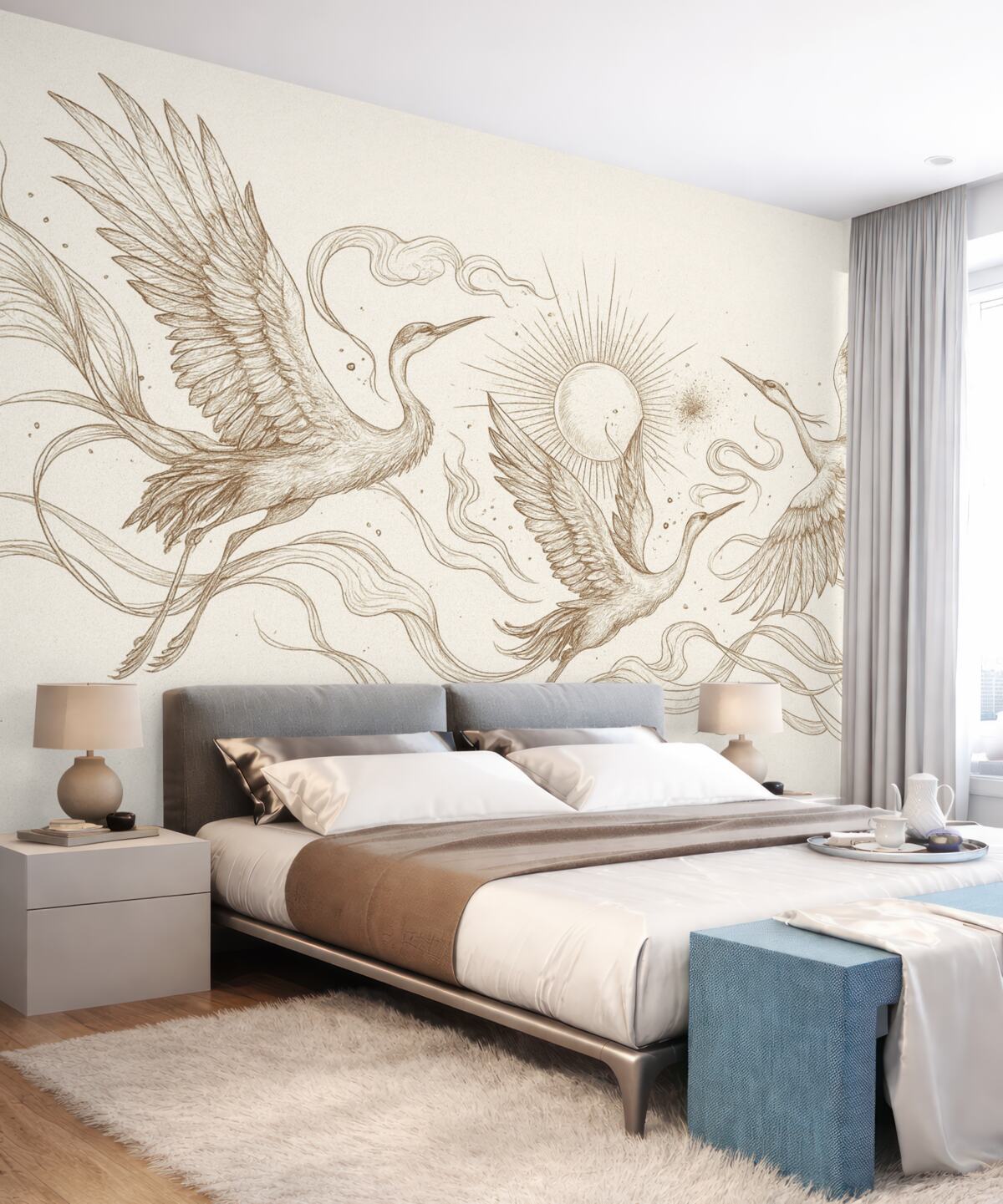 Fototapeta Ptaki w locie, rysunek konturowy, prostota, beżowa gama barw